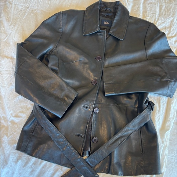 Vintage Women’s Black Genuine Leather Jacket with Buttons and Belt - Picture 1 of 10